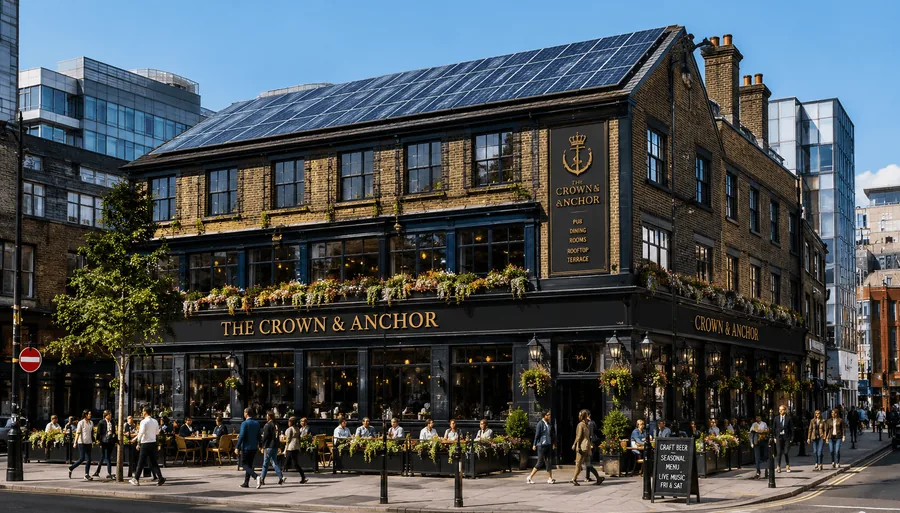 A city-centre pub with rooftop solar panels
