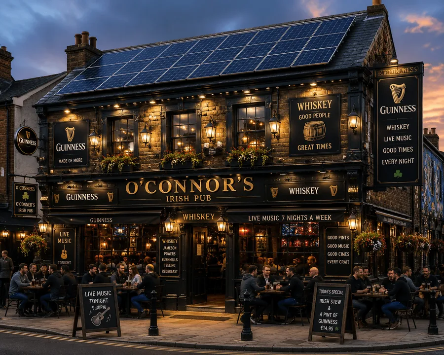 A traditional Irish bar in the evening with rooftop solar panels