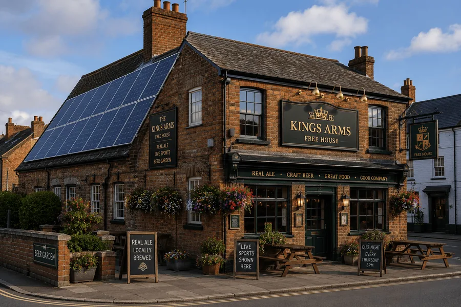 A traditional free house with a roof-mounted solar array