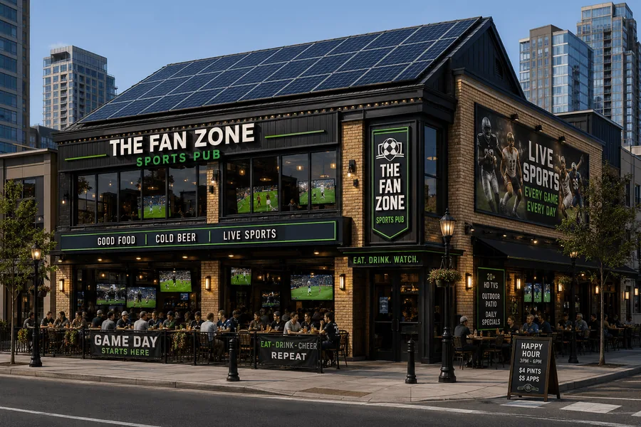 A sports bar with a large rooftop solar array