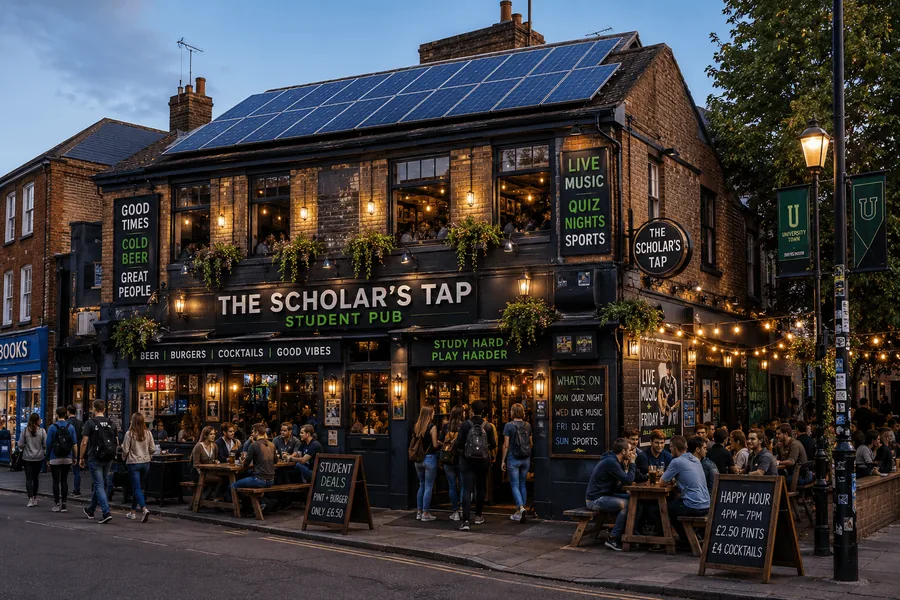 A student pub with rooftop solar panels